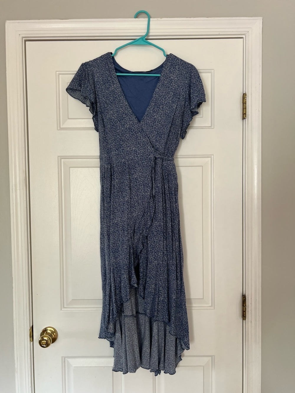 Navy Micro-Print Wrap High-Low Dress